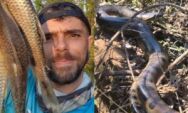 Rei das sucuris: pescador que levou mordida rara de cobra vira influenciador e mostra como &eacute; a vida