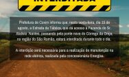 Estrada da Taboca estar&aacute; interditada hoje, sexta-feira