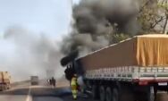 Carreta carregada com milho pega fogo ap&oacute;s pneu estourar na BR-163, pr&oacute;ximo a Pedro Gomes