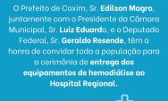 Novas m&aacute;quinas de hemodi&aacute;lise ser&atilde;o entregues nesta quinta (23) no Hospital Regional