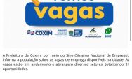 Coxim oferta 31 vagas de emprego por meio do Sine Municipal