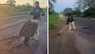 Agentes da PRF tapam buracos com cascalhos na BR-376 para evitar acidentes
