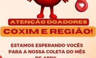 Coxim mobiliza doadores para coleta de sangue nos dias 6 e 7 de abril
