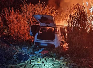 Motorista foge, carro pega fogo e PRF apreende 378 quilos de maconha na BR-060
