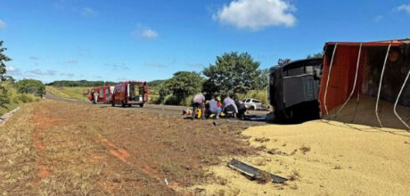 Motorista desvia de ro&ccedil;adeira na pista e tomba carreta na BR-359
