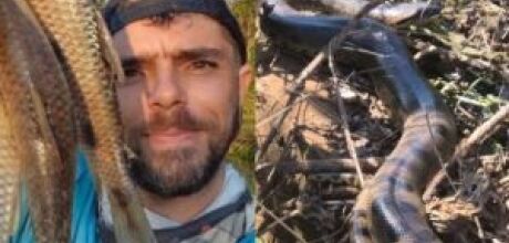 Rei das sucuris: pescador que levou mordida rara de cobra vira influenciador e mostra como &eacute; a vida