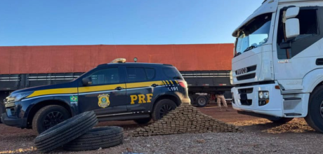 Pol&iacute;cia apreende 231 kg de maconha, 101 celulares e 28 pneus estrangeiros em caminh&atilde;o em Dourados
