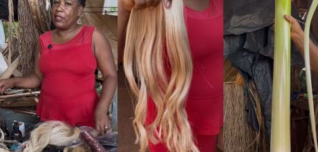 Artes&atilde; cria por acaso aplique de cabelo exclusivo com fibra de bananeira do quintal de casa

