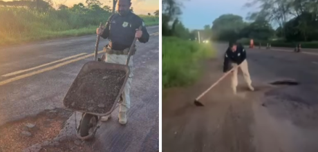 Agentes da PRF tapam buracos com cascalhos na BR-376 para evitar acidentes
