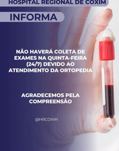 Coleta de exames ser&aacute; suspensa no Hospital Regional de Coxim nesta quinta-feira (24)