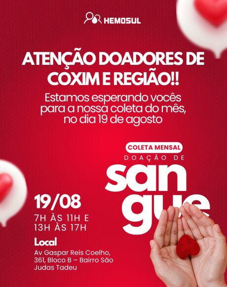 Solidariedade que Salva Vidas: Coxim recebe coleta de sangue do Hemosul hoje