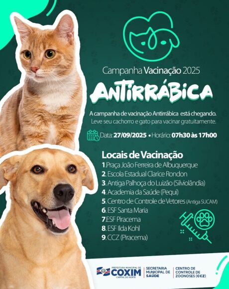 Campanha Antirr&aacute;bica 2025: Vacina&ccedil;&atilde;o Gratuita de C&atilde;es e Gatos Acontece Neste S&aacute;bado (27)