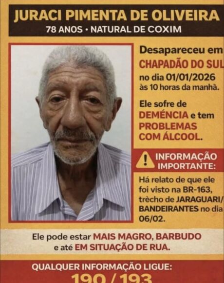 Coxinense de 78 anos est&aacute; desaparecido h&aacute; 39 dias e fam&iacute;lia vive ang&uacute;stia sem not&iacute;cias