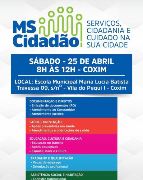 MS Cidad&atilde;o leva servi&ccedil;os gratuitos &agrave; popula&ccedil;&atilde;o de Coxim neste s&aacute;bado(25)