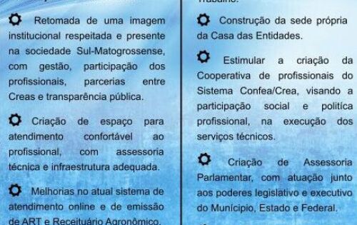 Com exclusividade o Di&aacute;rio do Estado e a coluna RADAR MS traz hoje as propostas da chapa encabe&ccedil;ada pelo Engenheiro Marco Maia para presid&ecirc;ncia do CREA MS.