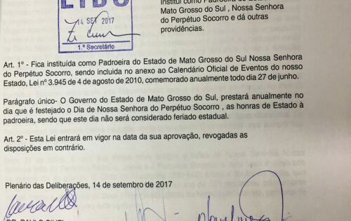 Com exclusividade a Lei que torna como padroeira do estado Nossa Senhora do Perp&eacute;tuo Socorro aprovada ontem no plen&aacute;rio da AL.