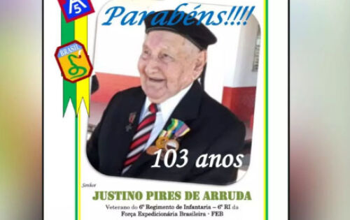 ***Imagine a sensa&ccedil;&atilde;o: muito do que voc&ecirc; v&ecirc; nos livros de hist&oacute;ria ou precisa pesquisar, para saber, seu Justino Pires de Arruda presenciou &ldquo;ao vivo e a cores&rdquo;. Ontem segunda-feira (12), ele completou 103 anos. Mais de um s&eacute;culo de vida, com grande parte dedicada &agrave; p&aacute;tria, tornando muito merecida a homenagem que o ex-combatente deve receber nas pr&oacute;ximas horas, em Ponta Por&atilde;, regi&atilde;o sul do Estado. Justino &eacute; integrante da FEB (For&ccedil;a Expedicion&aacute;ria Brasileira) e lutou na It&aacute;lia durante a segunda guerra mundial. Isso tudo ocorreu no ano de 1942, com a entrada do Brasil na guerra e a convoca&ccedil;&atilde;o dele por parte do 11&ordm; Regimento de Cavalaria Mecanizado, de Ponta Por&atilde;, que o deixou &agrave; disposi&ccedil;&atilde;o do 6&ordm; Regimento de Infantaria - 6&ordm; RI, de Ca&ccedil;apava, interior de S&atilde;o Paulo. Dentre os 25.334 brasileiros que integraram a FEB, hoje, restam no Brasil apenas 79 vivos. E o senhor Justino &eacute; o &uacute;nico ex-combatente ainda vivo, em Mato Grosso do Sul. (midiamax) foto: divulga&ccedil;&atilde;o