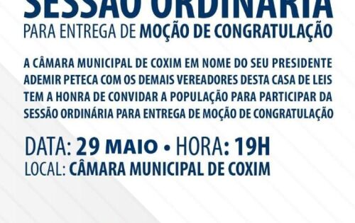 *** Na segunda-feira (29), ser&aacute; realizada Sess&atilde;o Ordin&aacute;ria para entrega de Mo&ccedil;&atilde;o de Congratula&ccedil;&atilde;o na C&acirc;mara Municipal de Coxim. A sess&atilde;o ser&aacute; &aacute;s 19h no Plen&aacute;rio da C&acirc;mara e conta com a prwsen&ccedil;a da popula&ccedil;&atilde;o coxinense.