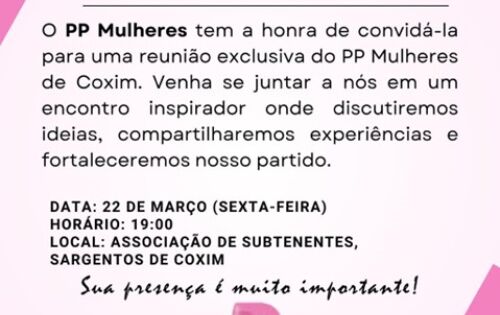 *** Acontece nesta sexta-feira(22) as 19h na Associa&ccedil;&atilde;o de Subtenentes, Sargentos de Coxim, o evento PP Mulher de Coxim. O encontro que tem como objetivo a apresenta&ccedil;&atilde;o dos projetos das Mulheres do partido e o incentivo a participa&ccedil;&atilde;o feminina na pol&iacute;tica. O partido conta hoje com 18 prefeitos filiados em MS e representantes em bancadas estaduais e federais, incluindo a senadora e vice-presidente nacional da legenda, Tereza Cristina, que com certeza &eacute; um &oacute;timo exemplo de mulher na pol&iacute;tica a ser seguido!!