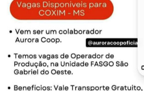 *** A Aurora est&aacute; contratando colaboradores nesta quarta-feira (3). Os interessados devem procurar o sine em Coxim das 9h as 15h para realizar cadastro e concorrer a vaga.