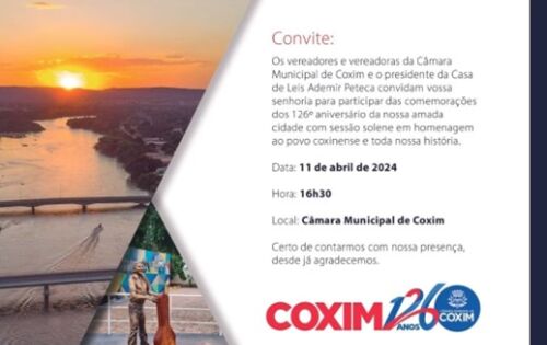 ***Os vereadores e vereadoras da C&acirc;mara Municipal estar&atilde;o realizando sess&atilde;o solene na pr&oacute;xima quinta-feira as 16h30 no plen&aacute;rio da C&acirc;mara em comemora&ccedil;&atilde;o ao 126 anos de Coxim, onde far&atilde;o entrega de T&iacute;tulo de Cidad&atilde;o Coxinense para algumas personalidades que tem servi&ccedil;o prestado s&atilde;o munic&iacute;pio. O convite estende-se a toda popula&ccedil;&atilde;o! 