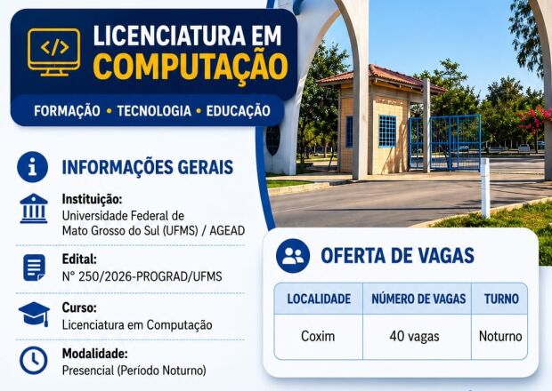 UFMS abre 40 vagas para Licenciatura em Computa&ccedil;&atilde;o no Campus de Coxim