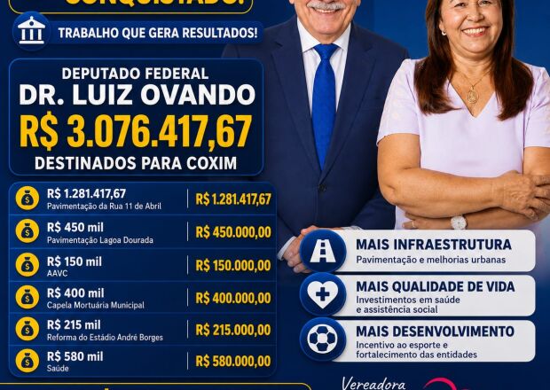 Parceria entre vereadora L&uacute;cia da AAVC e Dr. Luiz Ovando destina R$ 3 milh&otilde;es a Coxim