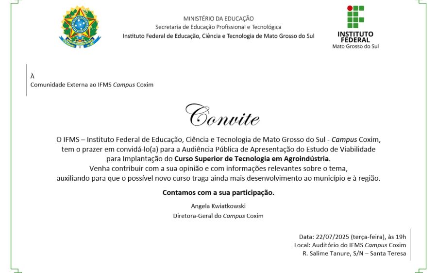 IFMS de Coxim promove hoje audiência pública para discutir novo curso superior