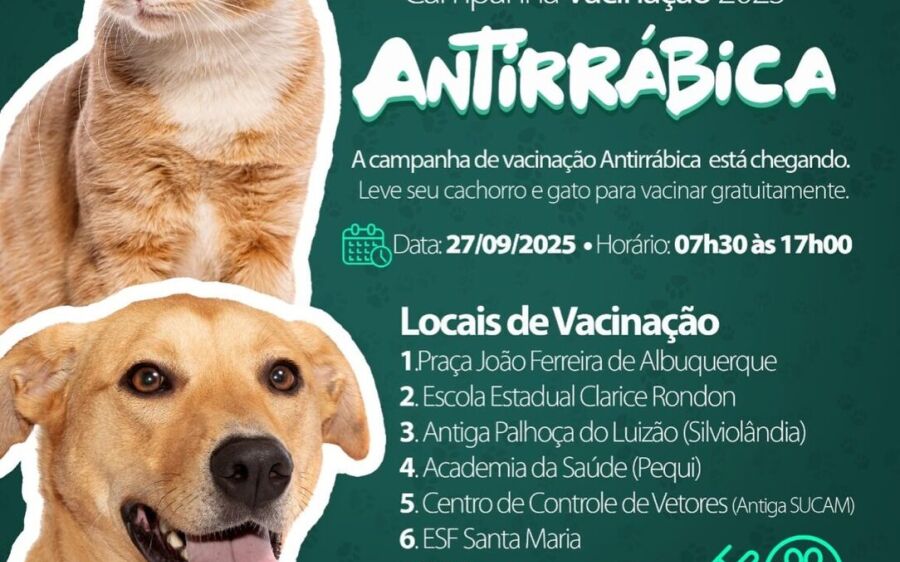 Campanha Antirrábica 2025: Vacinação Gratuita de Cães e Gatos Acontece Neste Sábado (27)