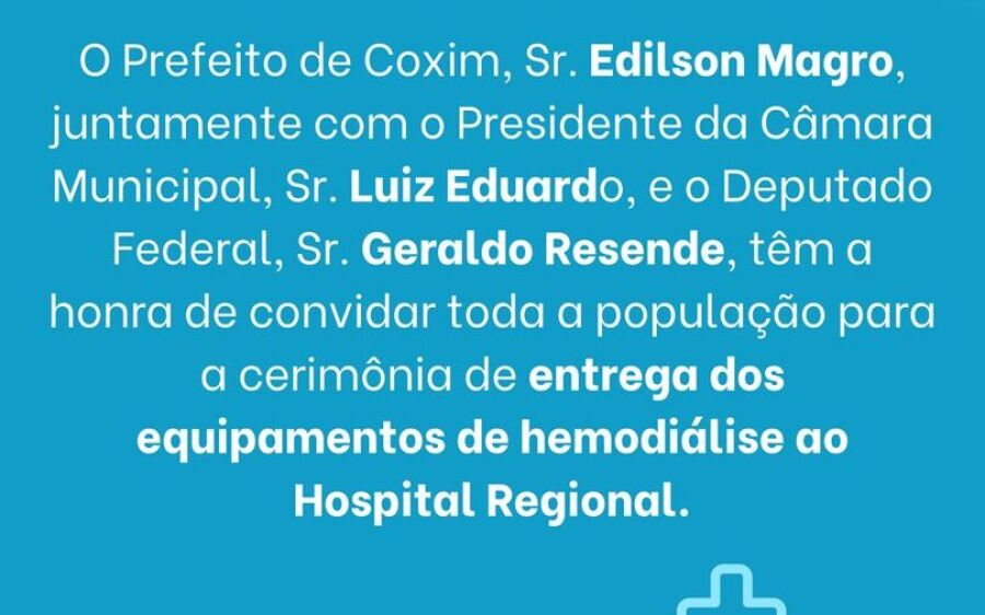 Novas máquinas de hemodiálise serão entregues nesta quinta (23) no Hospital Regional