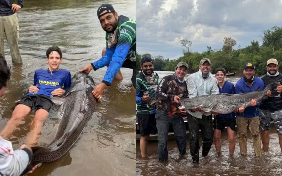Adolescente fisga peixe maior que o próprio tamanho durante pescaria em MS