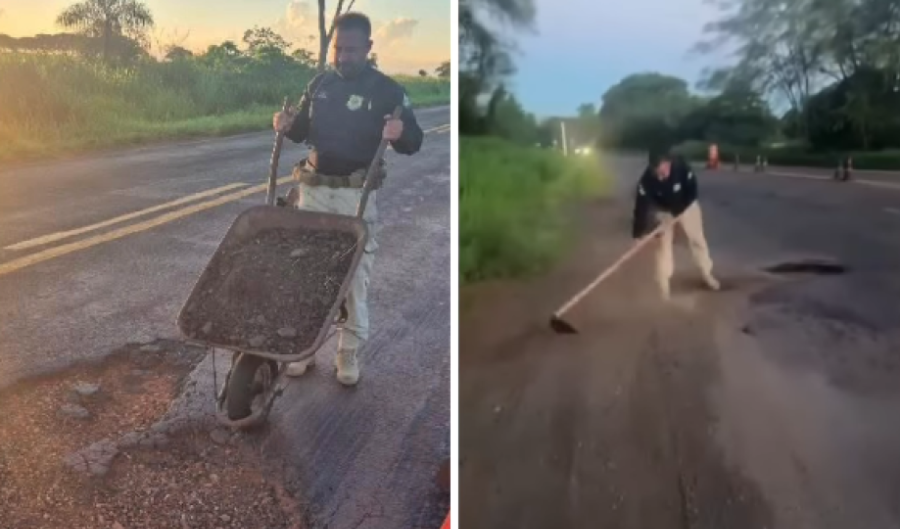 Agentes da PRF tapam buracos com cascalhos na BR-376 para evitar acidentes

