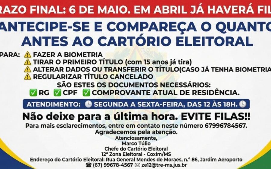 Prazo para regularização eleitoral se aproxima e Cartório de Coxim convoca eleitores