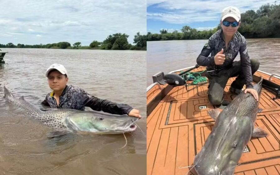 Adolescente pesca pela primeira vez pintado de 1,60 metro e 40 kg em rio de MS