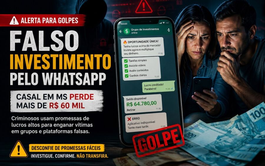 Casal em MS perde mais de R$ 60 mil em golpe do falso investimento pelo WhatsApp