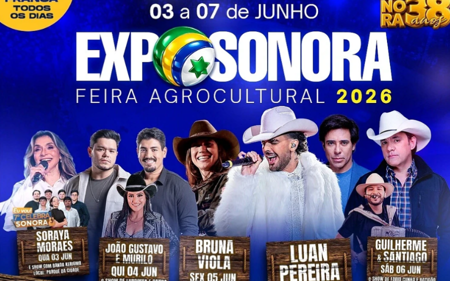Luan Pereira e Guilherme & Santiago lideram programação da ExpoSonora 2026 com rodeio e grandes show