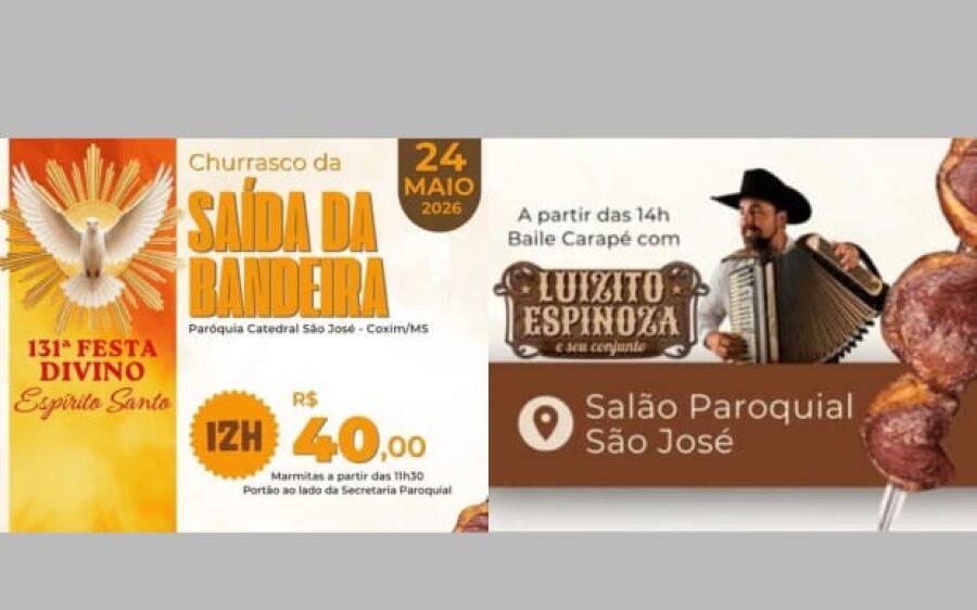 Churrasco e Saída da Bandeira da 131ª Festa do Divino Espírito Santo em Coxim acontecem no domingo