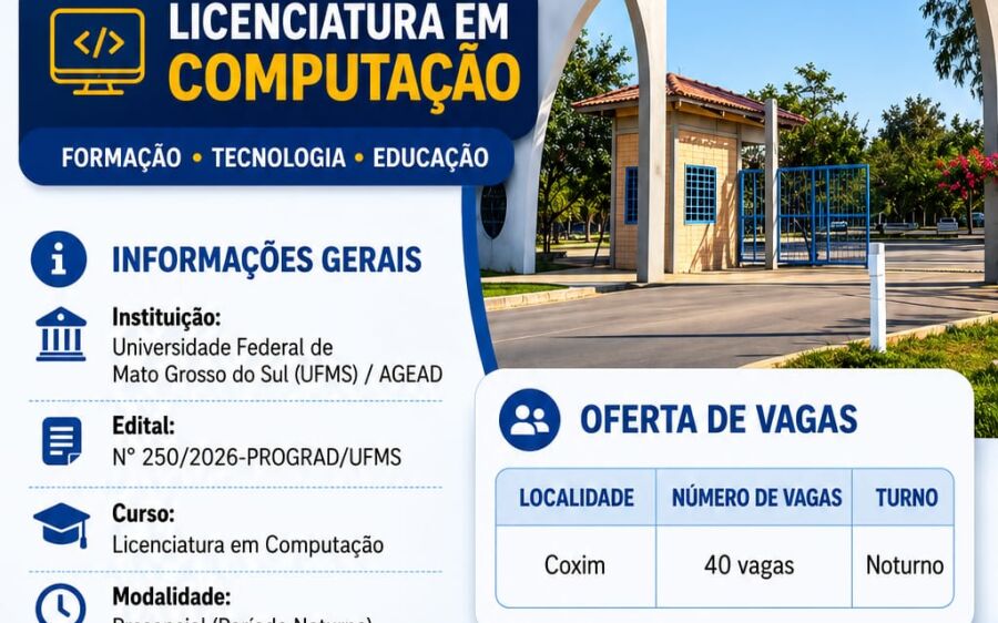UFMS abre 40 vagas para Licenciatura em Computa&ccedil;&atilde;o no Campus de Coxim