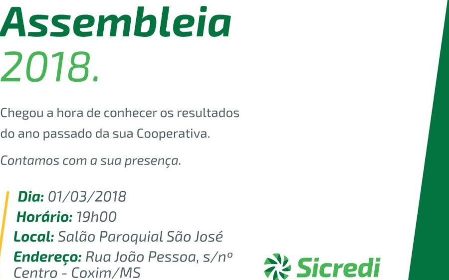 Sicredi convida associados para 1ª assembléia de 2018 em Coxim hoje 