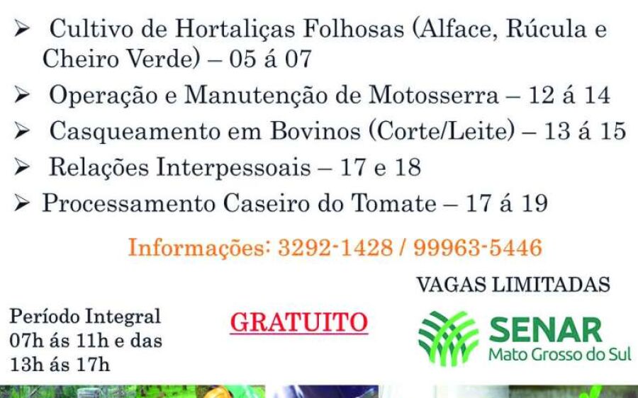 SENAR/MS e Sindicato Rural promovem 05 cursos gratuitos em junho