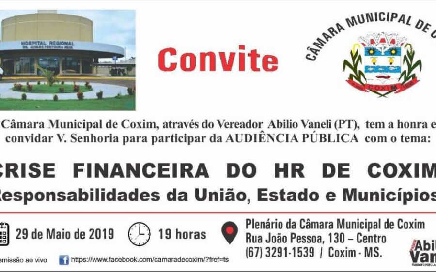 Crise Financeira do HR de Coxim será discutida na noite de hoje