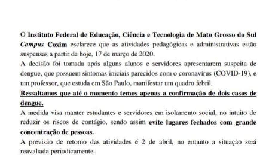 IFMS suspende atividades presenciais nos dez campi