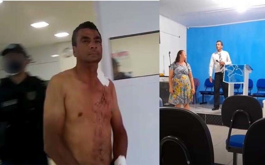 Com ar demoníaco, pastor que esfaqueou mulher  grávida ri de policiais
