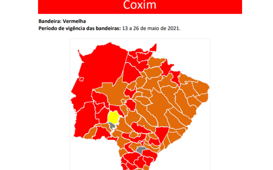Coxim volta para  Bandeira Vermelha e  toque de recolher será às 21:00 horas