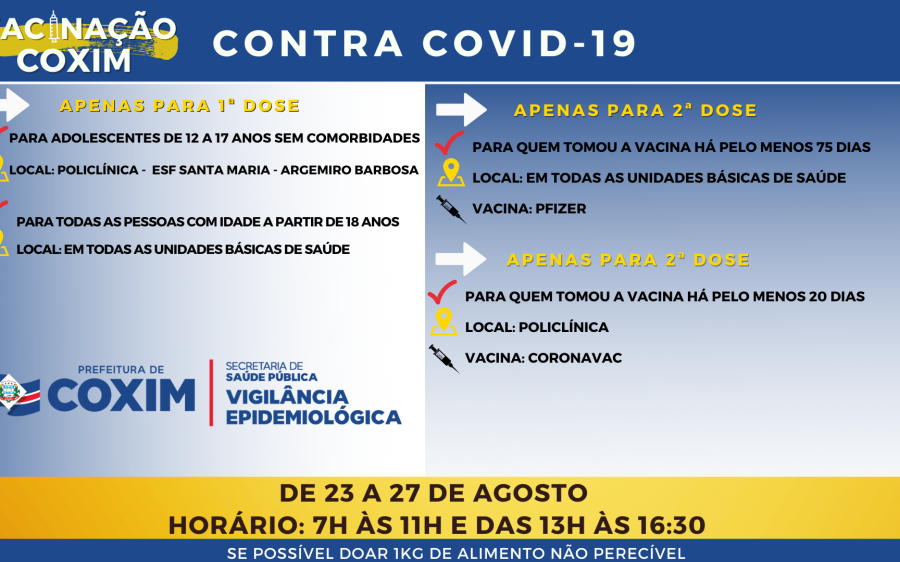 Vacinação contra a Covid-19  continua nesta semana em Coxim