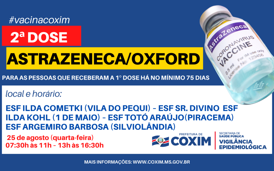 Vacinas AstraZeneca   estarão disponíveis para 2° dose hoje em Coxim