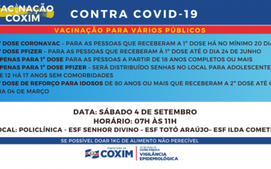 Sábado tem vacinação contra o Coronavírus