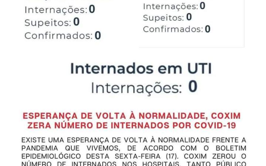 Esperança de volta à normalidade, Coxim zera número de internados por Covid-19