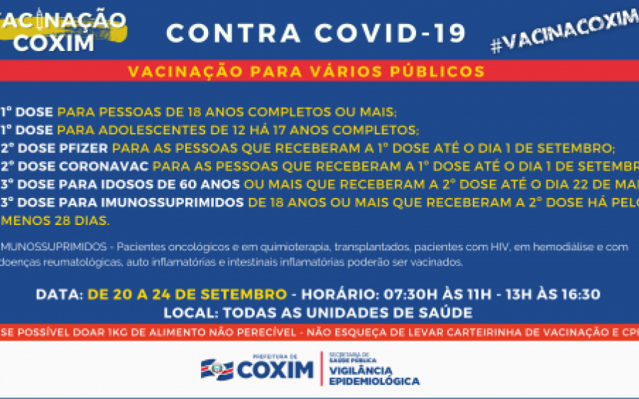 Confira o cronograma de vacinação contra Covid para esta semana em Coxim