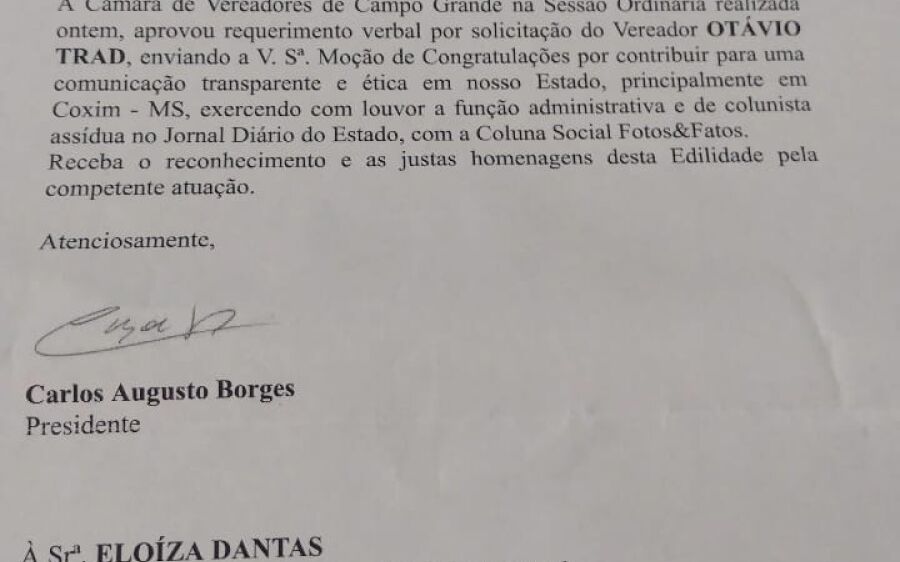 Câmara da  capital concede moção de  congratulação ao Diário do  Estado